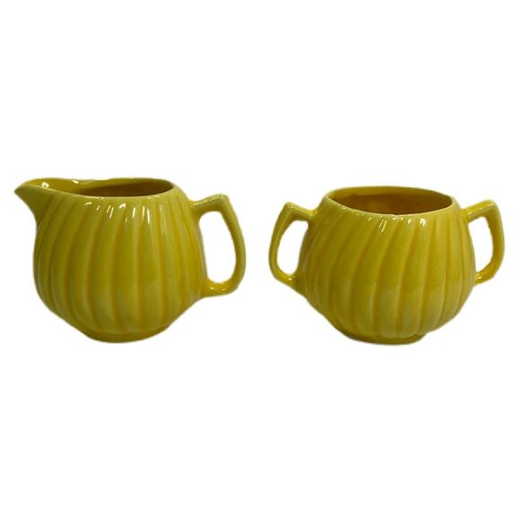 Vintage Ribbed Cream Sugar Bowl Set Pitcher Cottagecore Shabby Decor Mid Century - Picture 3 of 6